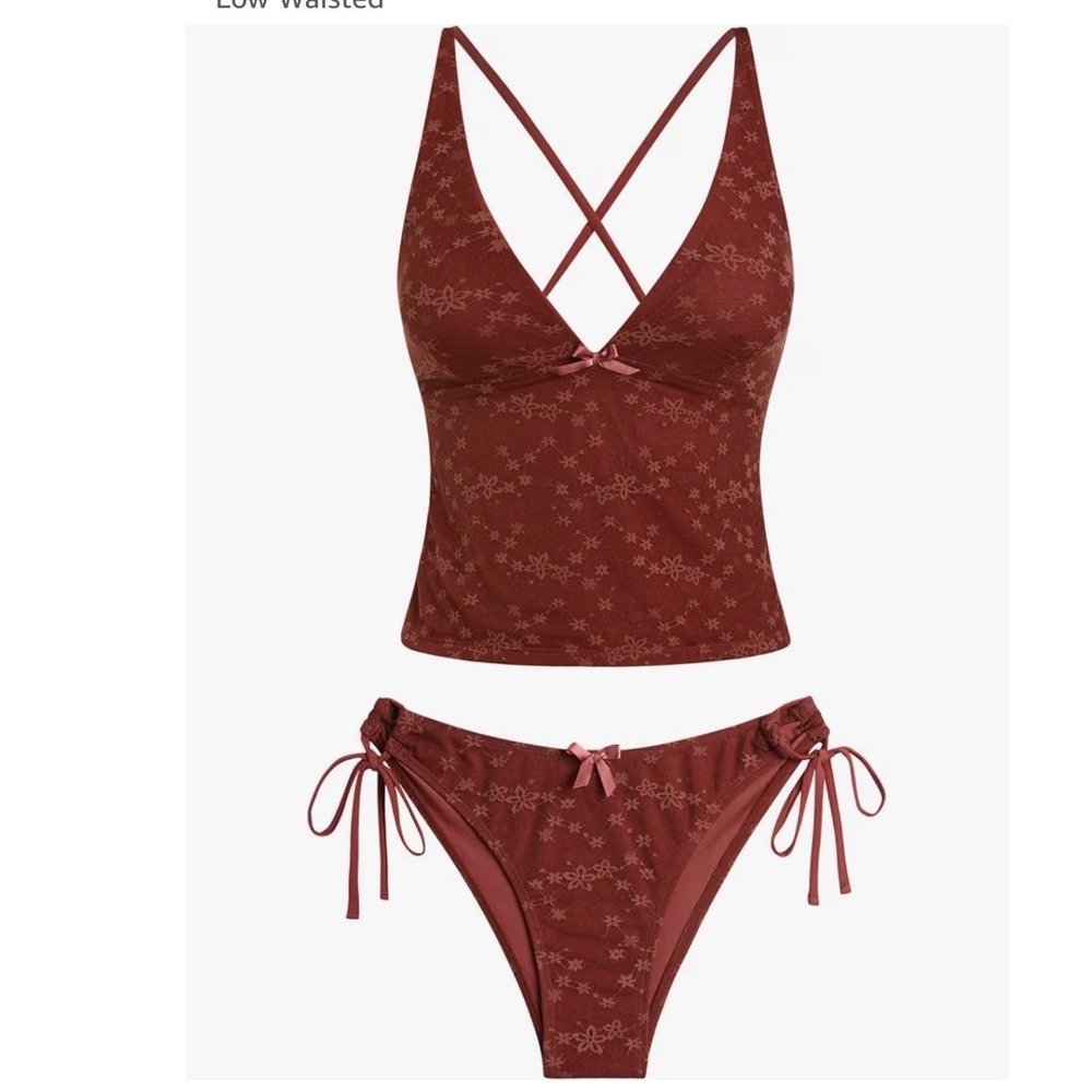 Zaful Rust Red Floral Lace Tankini Set Cross Back Side Tie Bikini Large NWT